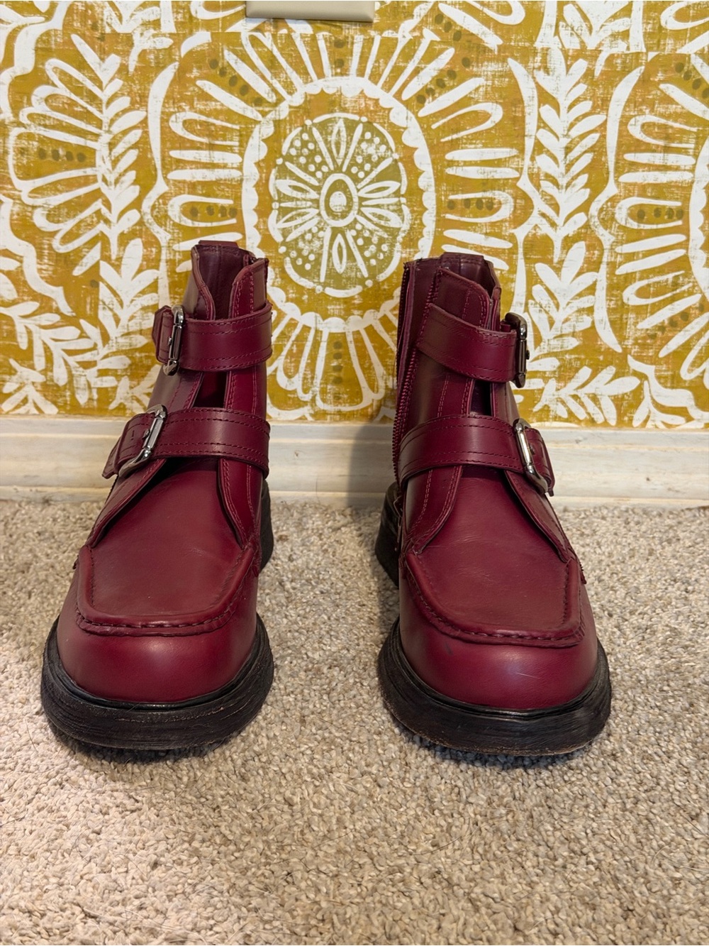 Free People Burgundy Leather Buckle Ankle Boots